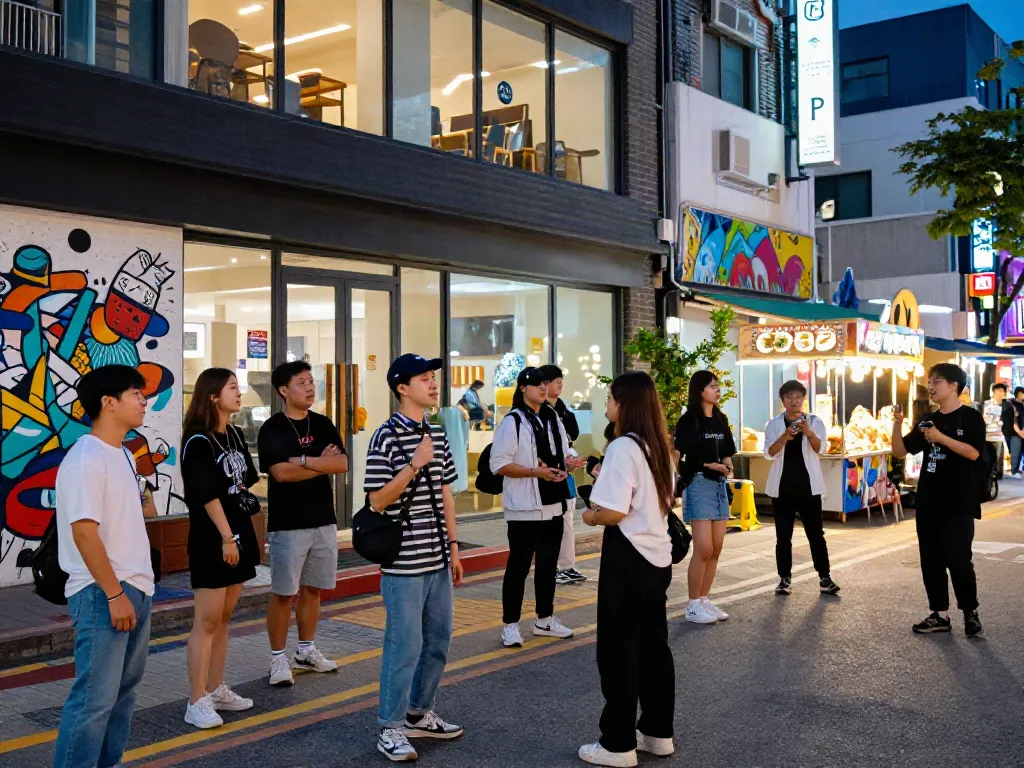 홍대오피의 젊은이들이 즐기는 활기찬 밤의 거리 풍경
