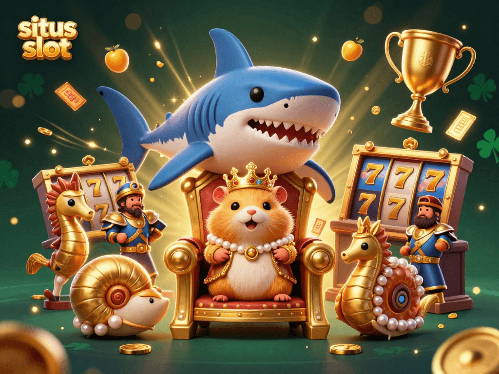 Engage in situs slot games with vibrant 3D cartoon characters surrounded by golden symbols and elements.