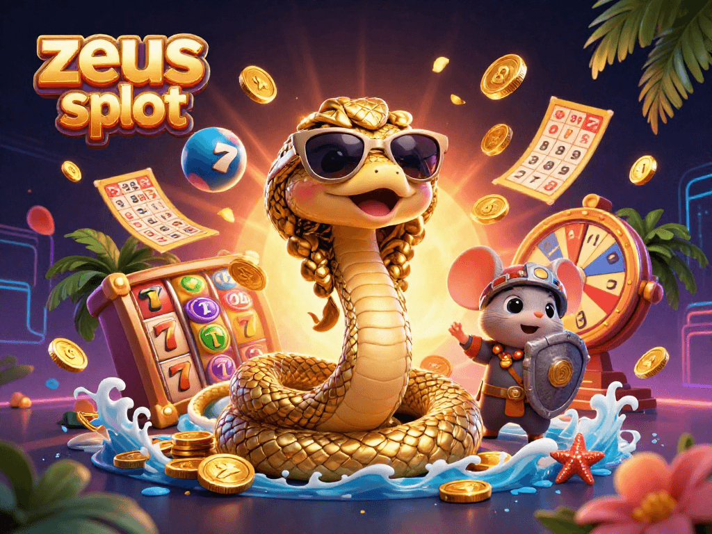 Experience the excitement of zeus slot with cute Medusa and warrior mouse amidst vibrant casino elements.