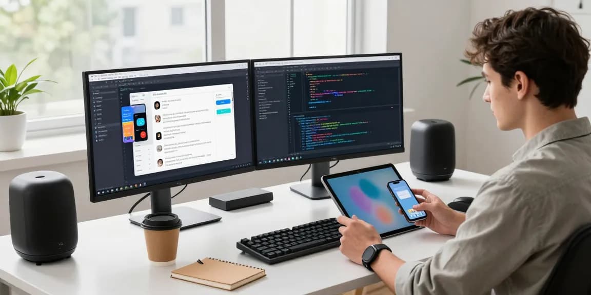 Innovative workspace showing a professional engaging with 纸飞机中文版 features on multiple screens in a bright office.