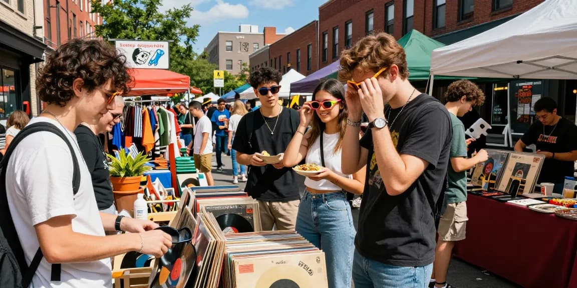 Exploring a vibrant vintage market scene with friends enjoying unique collectibles and delicious food, embodying the spirit of rokok88 lifestyle.