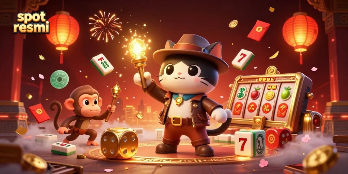Experience thrilling wins at slot resmi with a scholarly explorer and monkey companion in a vibrant casino scene.
