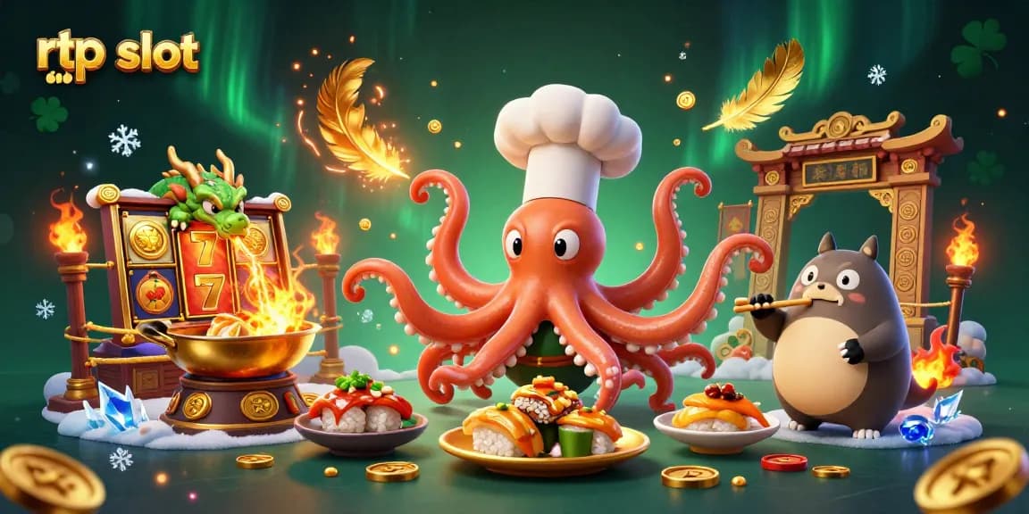 Engaging scene showcasing rtp slot characters with a sushi chef octopus and dragon in a casino setting