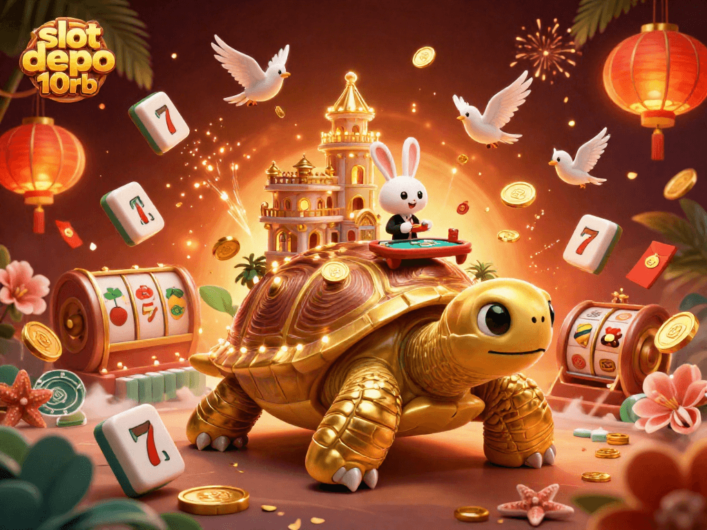 Play exciting games at slot depo 10rb with our vibrant 3D casino scene showcasing thrilling action.