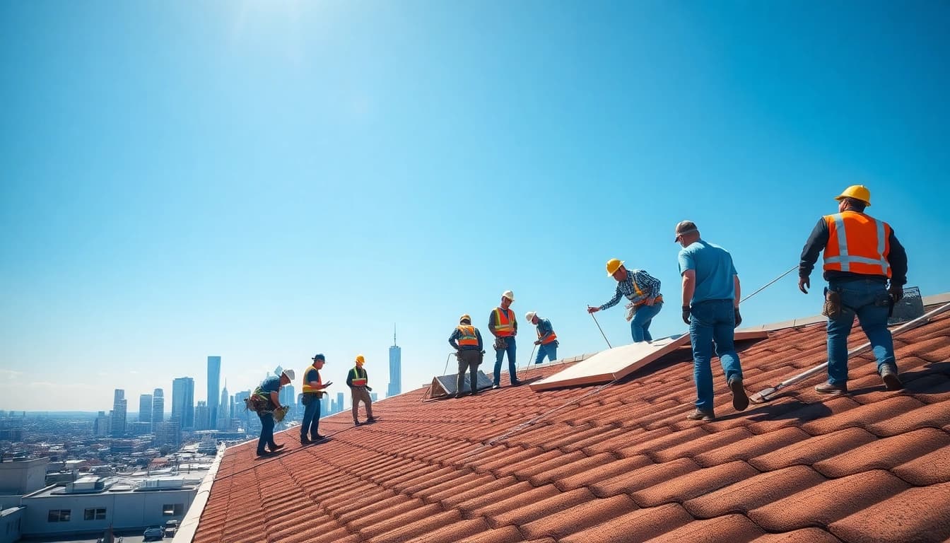 Highlighting commercial roofing services, a skilled team inspects a rooftop installation.