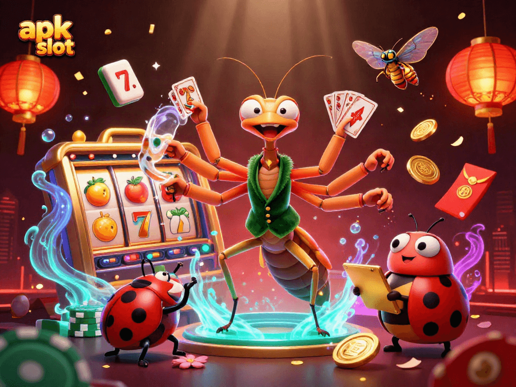 Engage with apk slot gameplay featuring vibrant 3D characters, slots, and festive casino elements