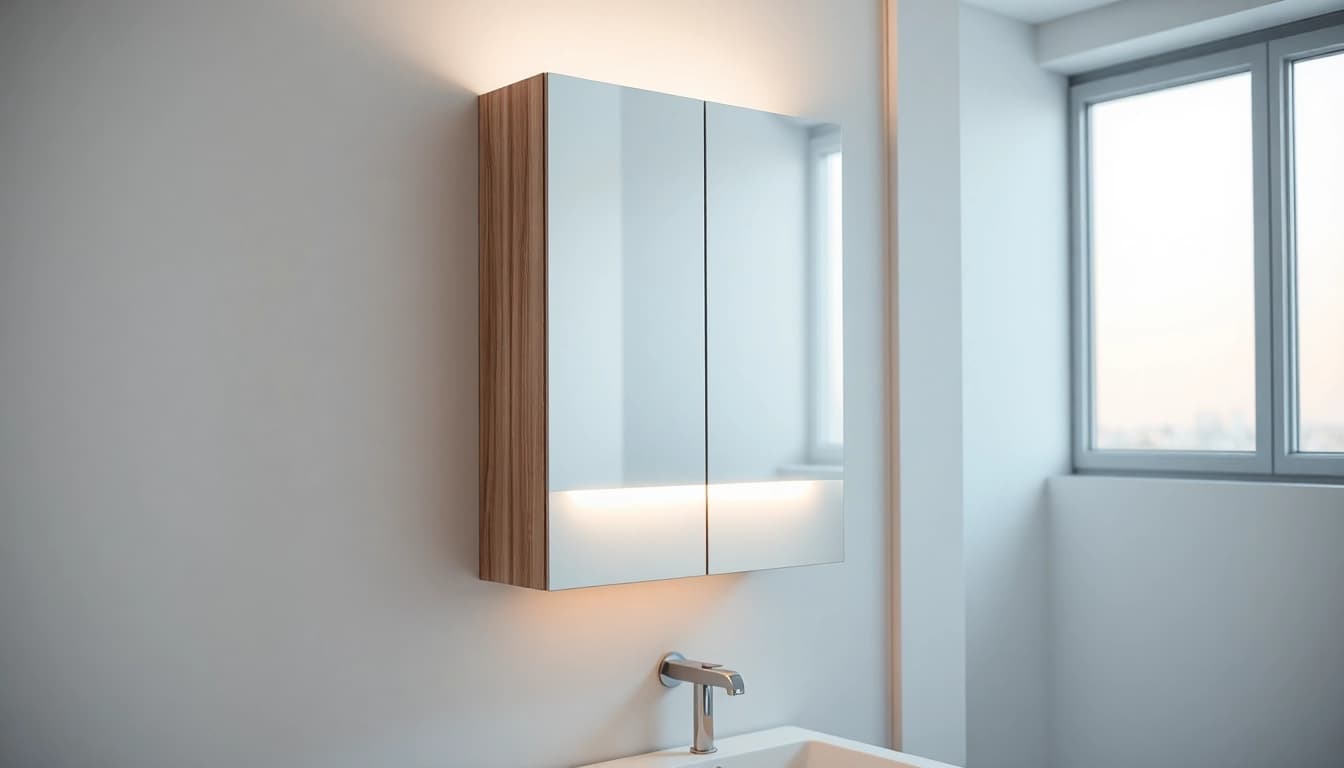 Spiegelschrank mit LED Beleuchtung leuchtet stilvoll in modernem Badezimmer.
