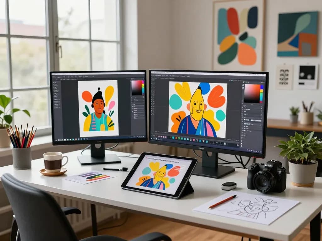 Digital artist using nano banana pro AI in a creative workspace with vibrant artwork.