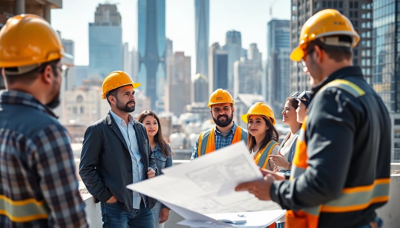 New York General Contractor supervising a construction project in a bustling urban environment.