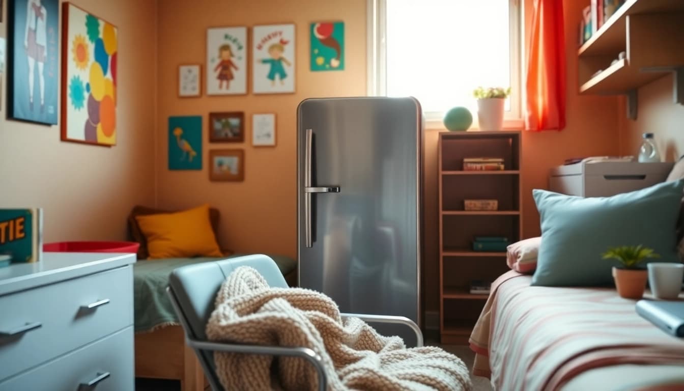 Stylish dorm room fridge in a bright, cozy student living space.