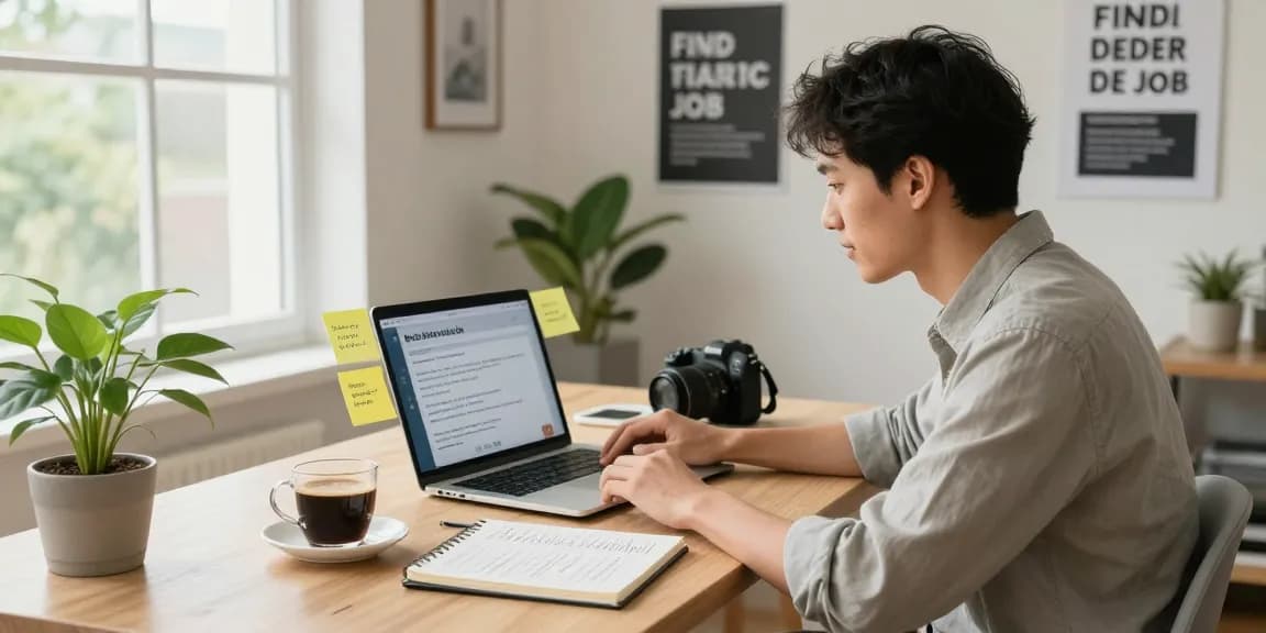 Engaged job seeker navigating how to find a job at a modern home office with job alerts and notes.