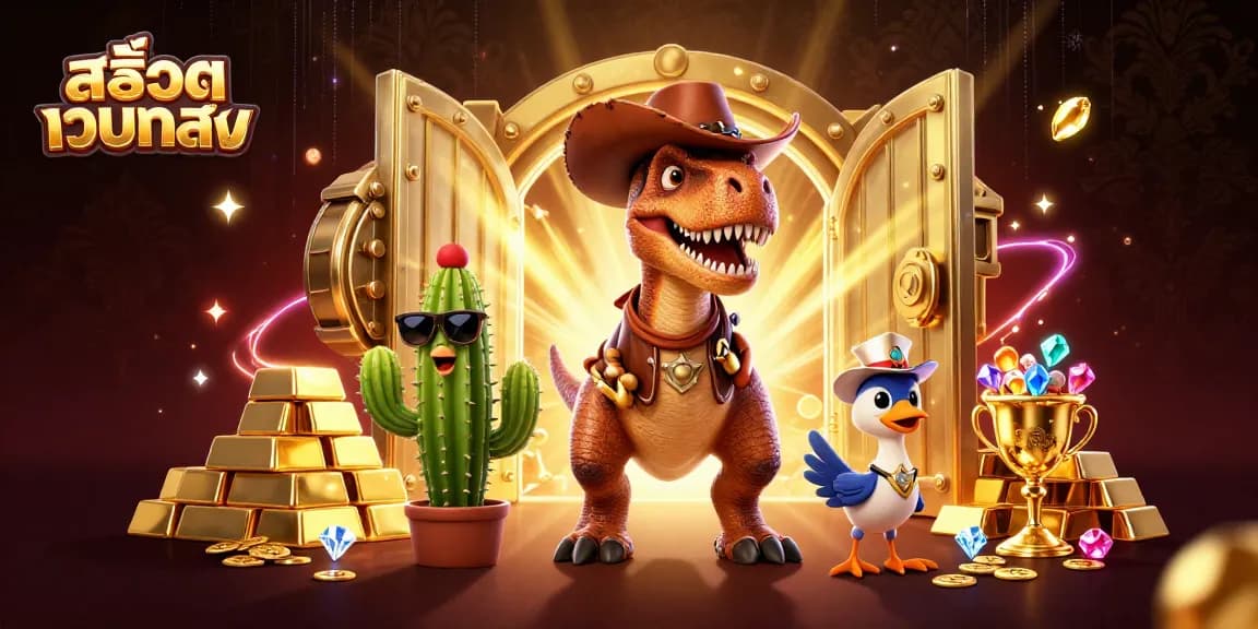 Experience thrilling สล็อตเว็บตรง action with a T-Rex cowboy and gems in this captivating scene.