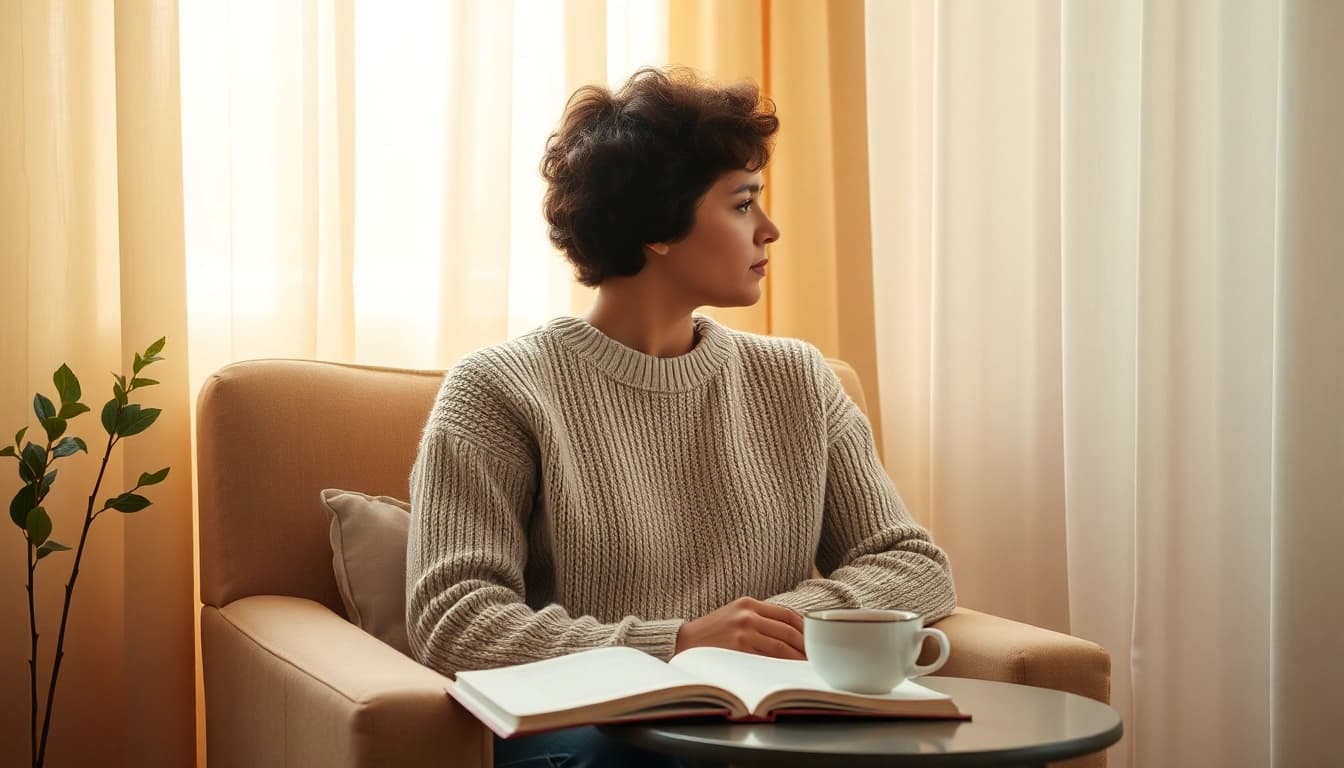 Person reflecting on depression symptoms with a cup of tea and journal, in a serene setting.
