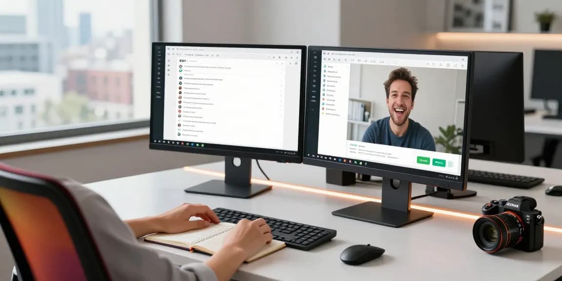 Using WhatsApp電腦版 on a modern tech workspace with dual monitors.