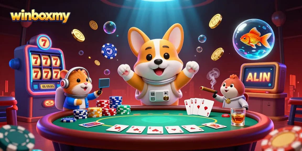 Experience the thrill at winboxmy with a whimsical 3D scene of an astronaut corgi casino adventure, showcasing vibrant game elements.