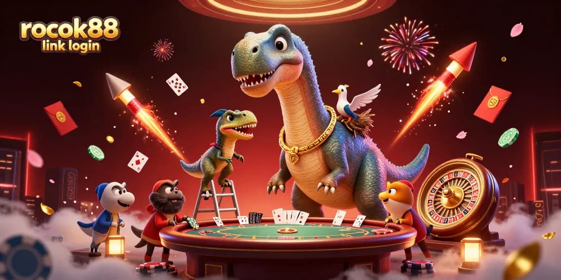 Engage with rokok88 link login at the vibrant casino scene featuring a massive brontosaurus.