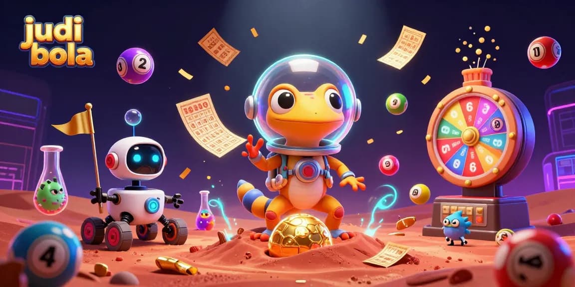 Engage in judi bola action with a Martian gecko revealing a golden casino amid vibrant colors.