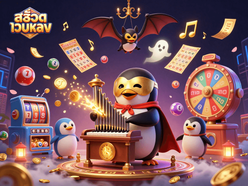 Engage with สล็อตเว็บตรง through this exciting 3D illustration showcasing a penguin organist amidst dynamic casino elements.