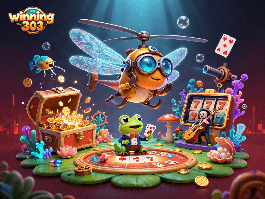 Winning303 showcases a vibrant casino scene with a dragonfly pilot and frog croupier, highlighting dynamic gameplay.