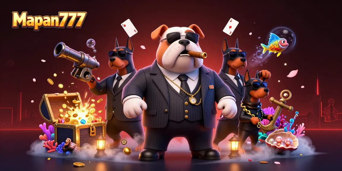 Engage with stunning Mapan777 graphics showcasing a mafia boss bulldog and treasures in a vibrant casino scene