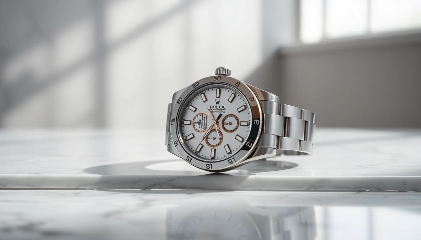 Showcase of a Rolex replica watch reflecting luxury and sophistication.