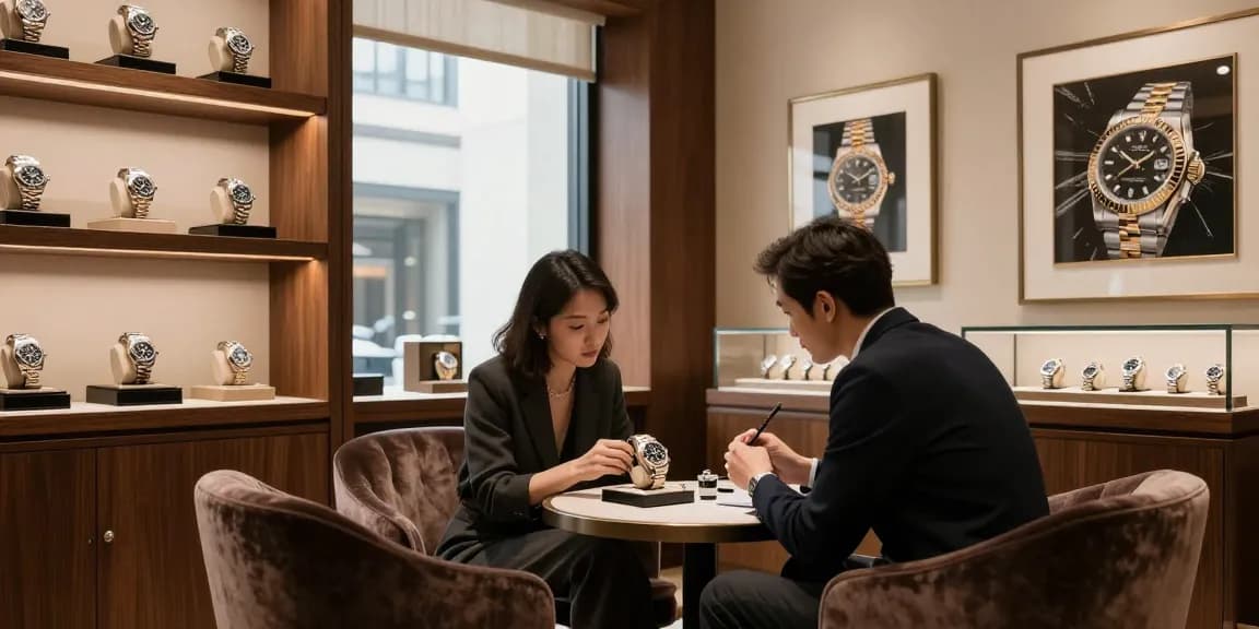 Experience the elegance of a Rolex replica in an upscale boutique setting, showcasing premium timepieces.