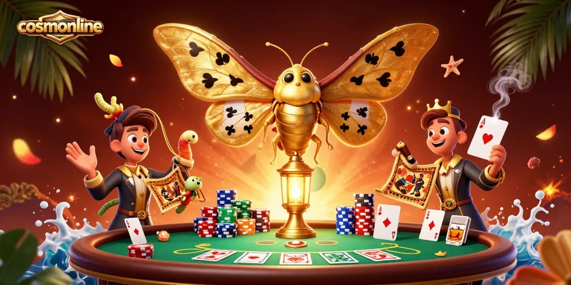 Engage with cosmonline's vibrant casino scene featuring a majestic moth and poker elements.