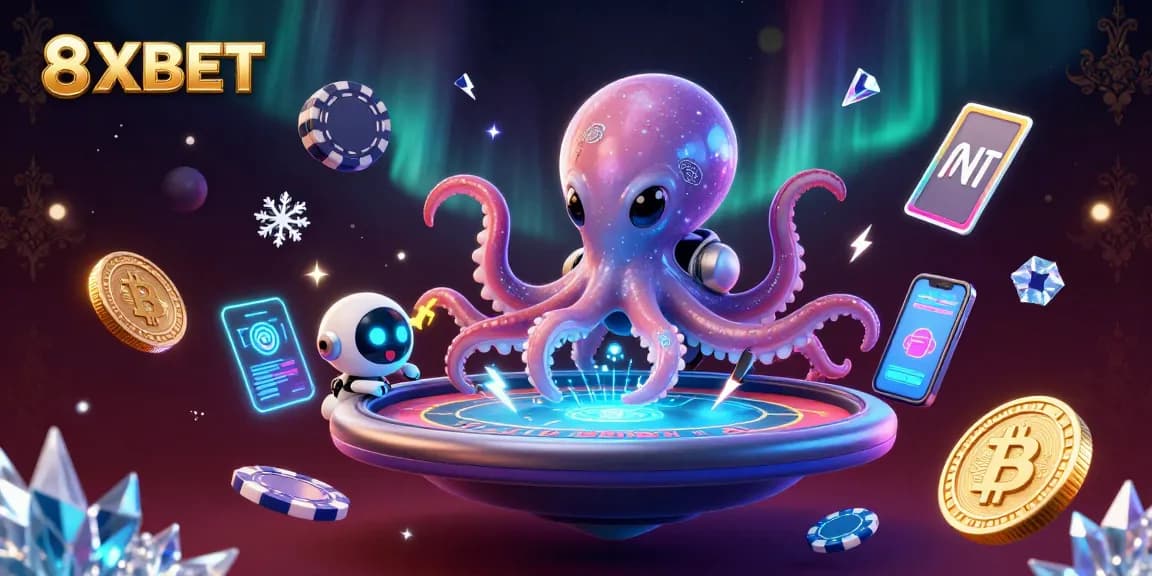 Engage in exciting gameplay at 8XBET with alien octopus in action at a holographic poker table.