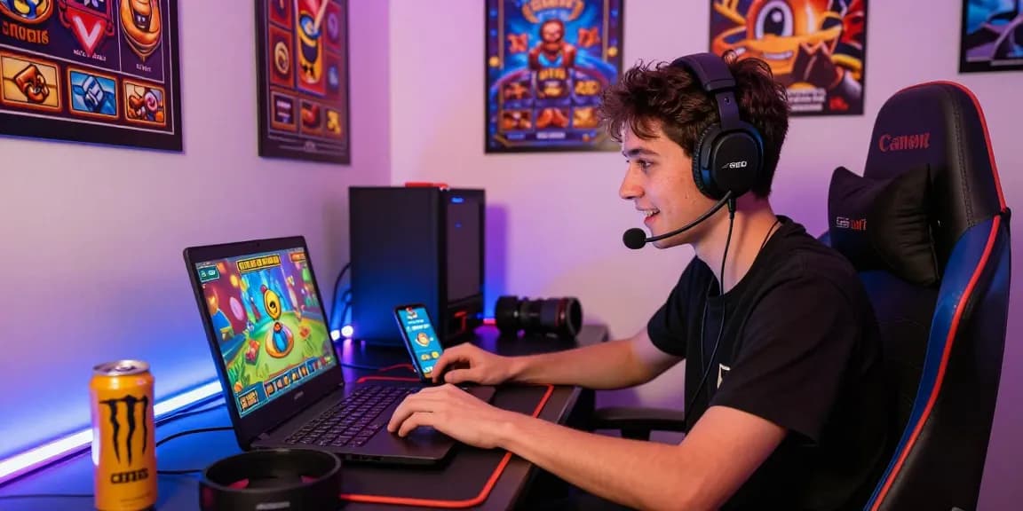 Excited gamer enjoying a slot online experience with colorful graphics and modern gaming setup.
