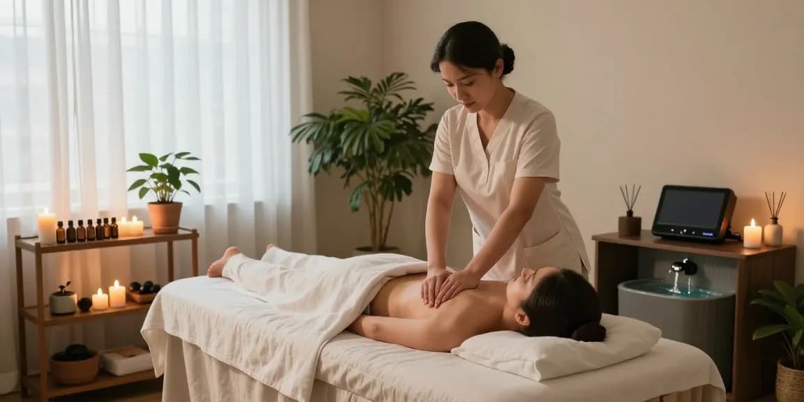 Relaxing Swedish massage scene at makangs.com with therapist, calming ambiance, and essential oils.