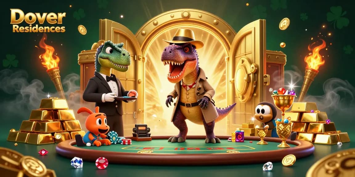 Dover Residences features a velociraptor card counter, a stegosaurus pit boss, and a compy pickpocket at a blackjack table amidst gold treasures.