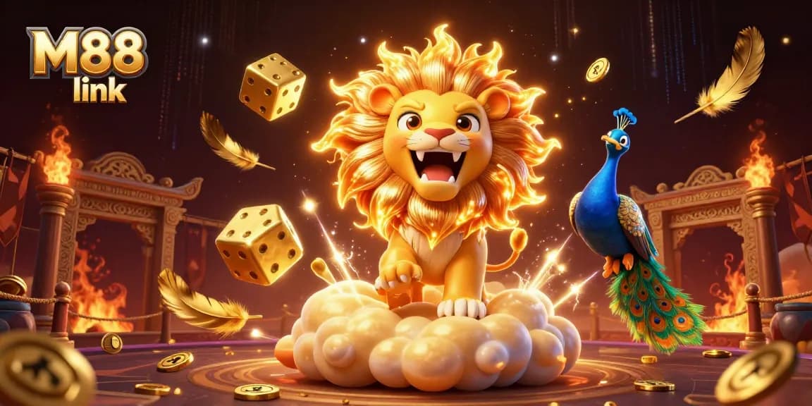 Bet on thrilling experiences using the M88 link featuring dynamic casino elements and a sun lion.