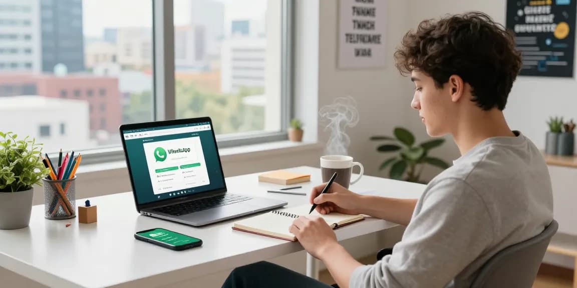 Professional using WhatsApp電腦版 on a laptop in a bright home office setting.