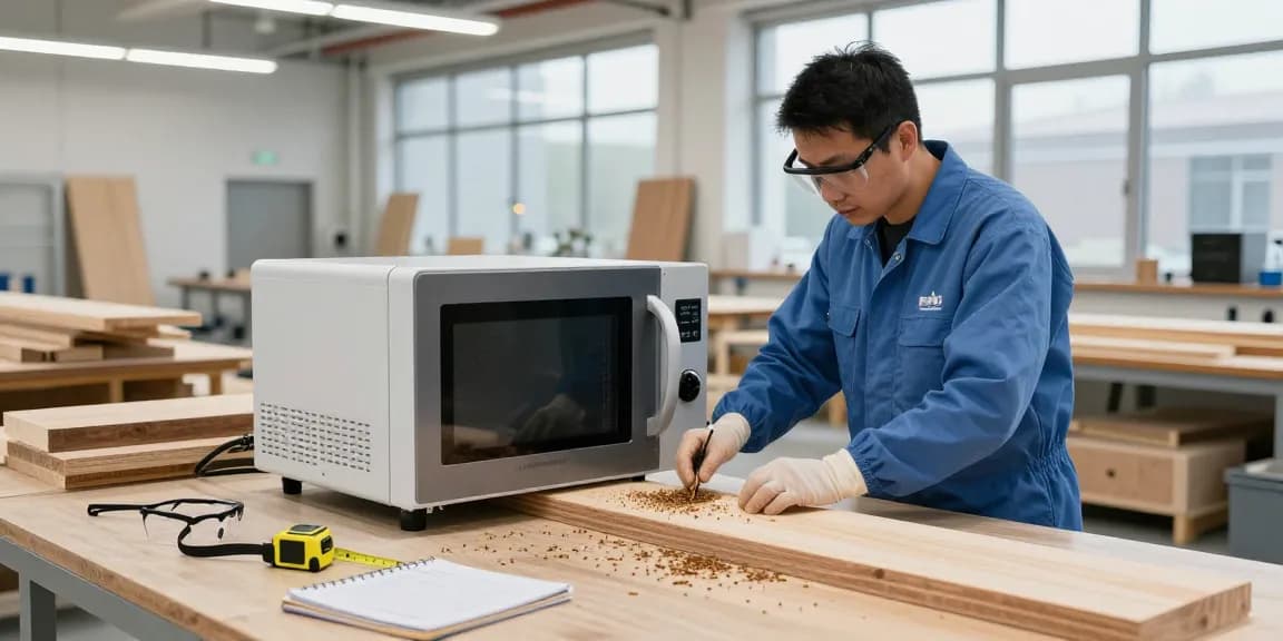 Shashel technician using microwave technology for pest elimination in a modern workshop.