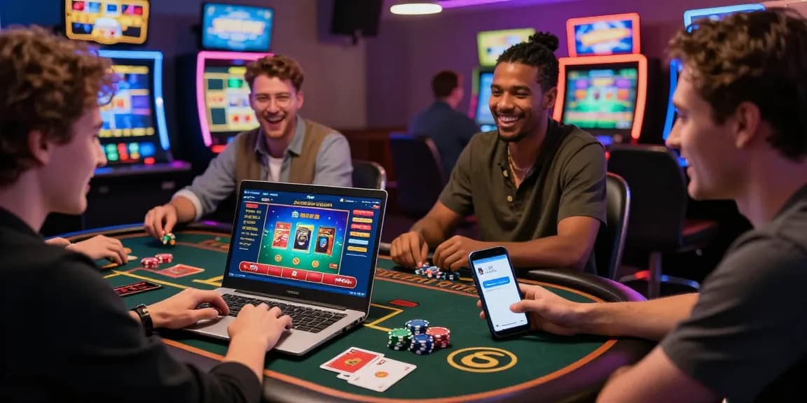 Engaging scene of players at a credit card casino showcasing vibrant gaming elements, depicting https://aisa.org.uk as a hub for online gambling excitement.