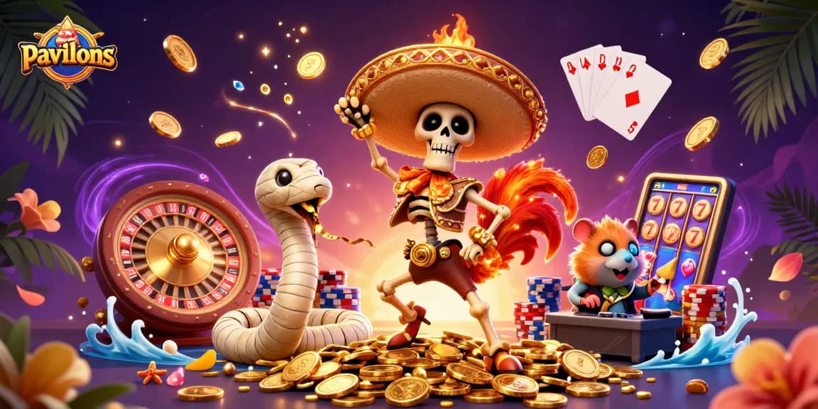 Pavilions showcase a vibrant casino scene with a dancing mariachi rooster amidst golden riches.