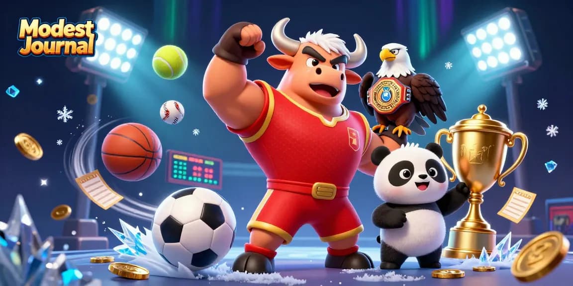 Engage with thrilling casino action at Modest Journal, showcasing a victorious bull mascot, eagle, and panda amidst magical sports elements.