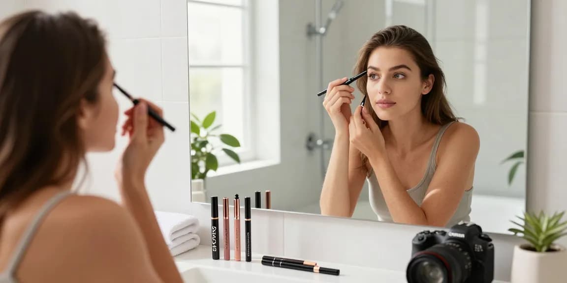 Woman applying eyebrow pen in a bright bathroom with Skone Cosmetics products.