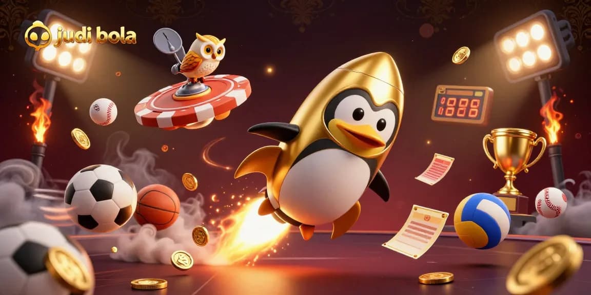 Betting on judi bola with a golden penguin, sports balls, and dazzling casino elements.