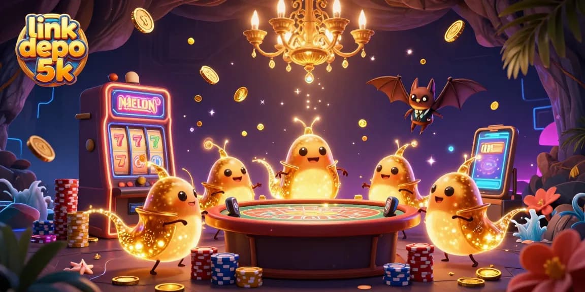 Spin the reels and win with link depo 5k in a vibrant, colorful 3D casino scene.