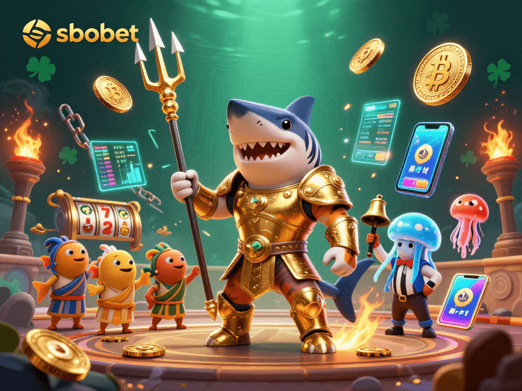 Engage in sbobet with a lively 3D casino scene showcasing a shark gladiator and vibrant slot symbols.