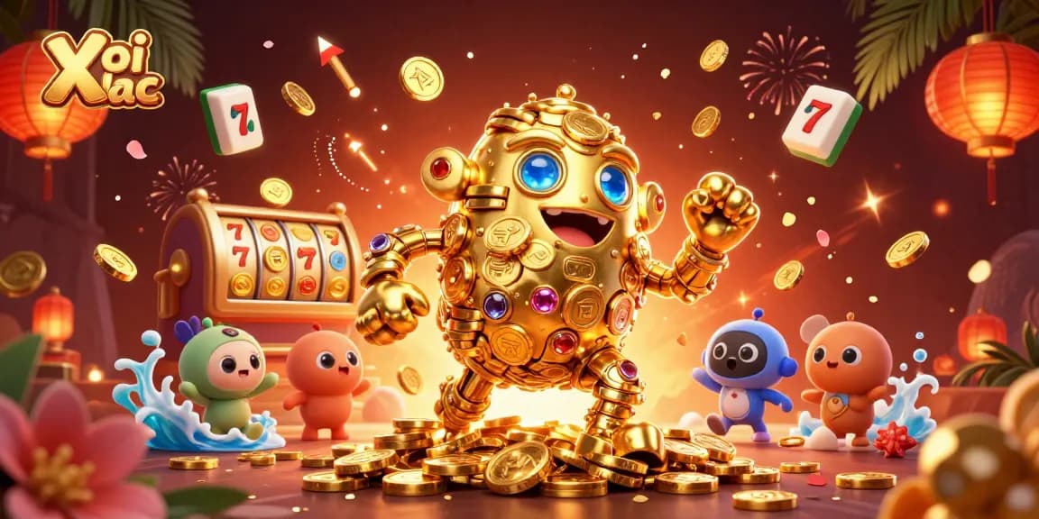 Engage Xoi lac's dynamic casino atmosphere with vibrant slots, illuminating elements, and thrilling action.