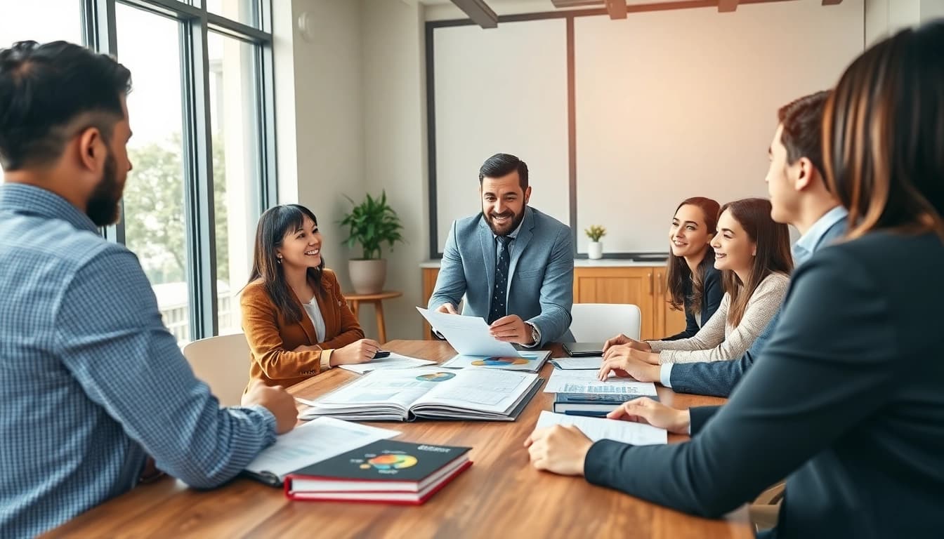 Showcasing founder leadership insights through a collaborative team meeting in a modern workspace.