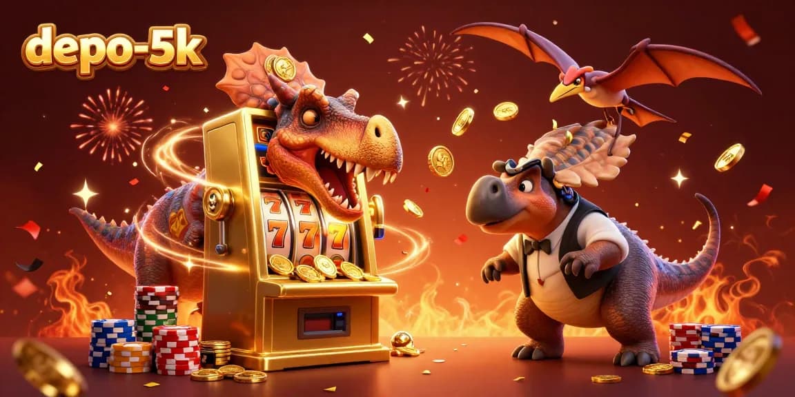 Experience big wins at depo-5k with a cartoon dinosaur hitting a golden slot machine for jackpot coins.