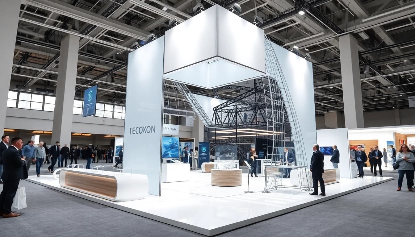 Das Ausstellungsmodell zeigt ein innovatives Messestanddesign in einer Messehalle.