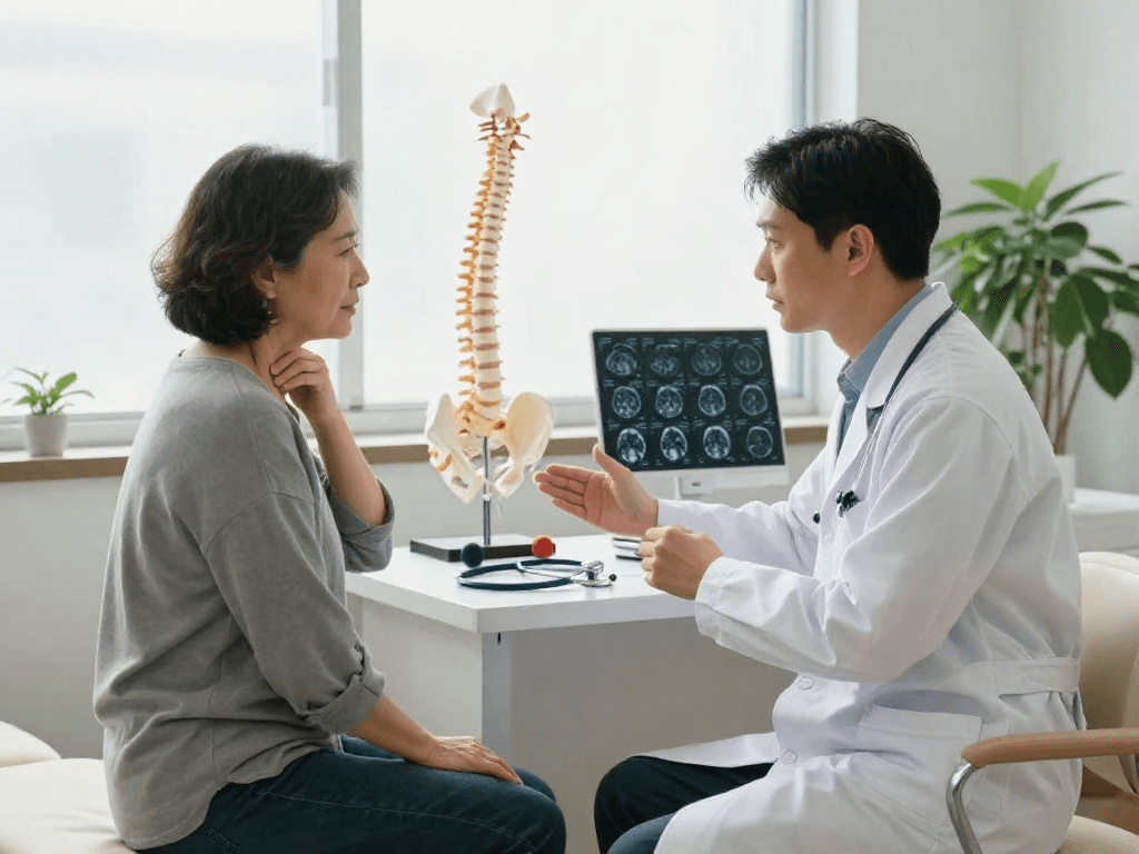 Boyun fıtığı ameliyatı consultation with a patient and doctor in a medical setting.