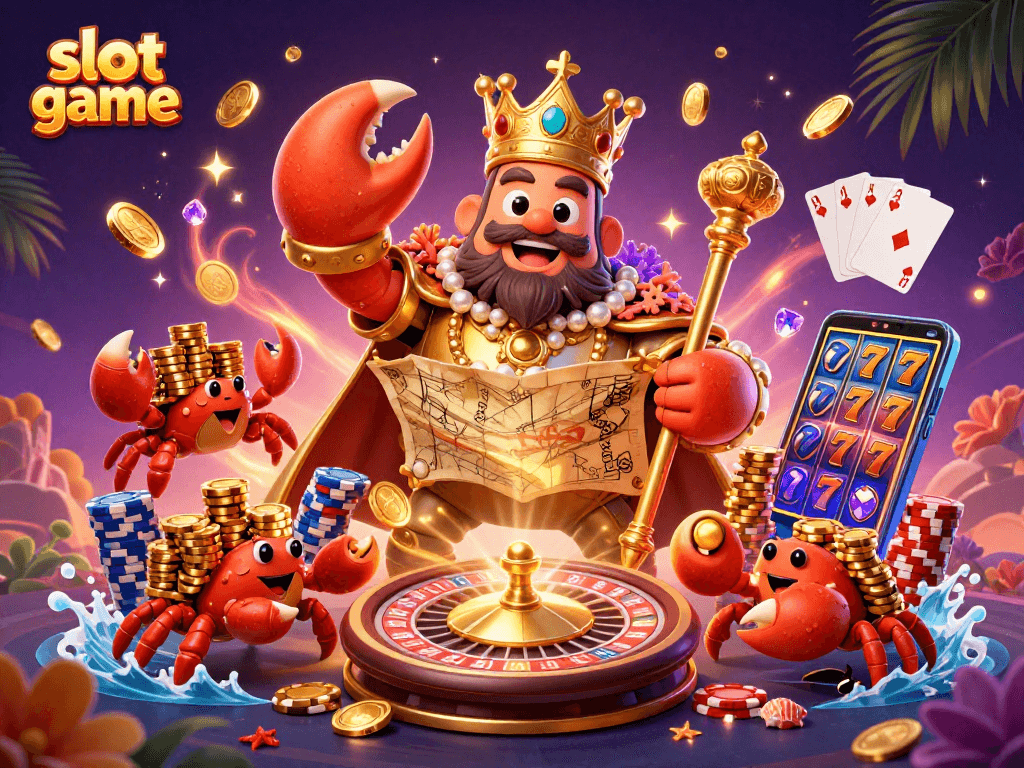 Engage with this vibrant slot game illustration featuring a golden crab emperor amidst treasure and lucky symbols.