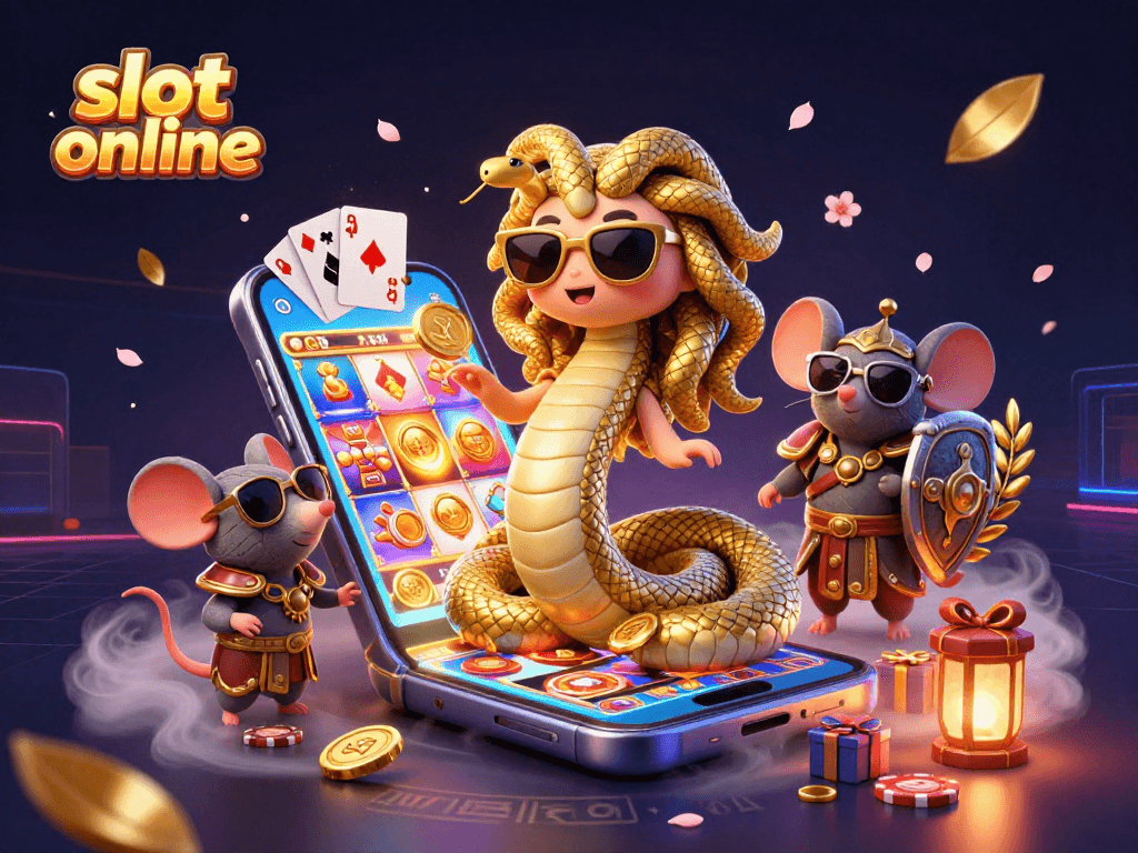 Experience thrilling slot online gameplay with lively characters in a vibrant casino setting.