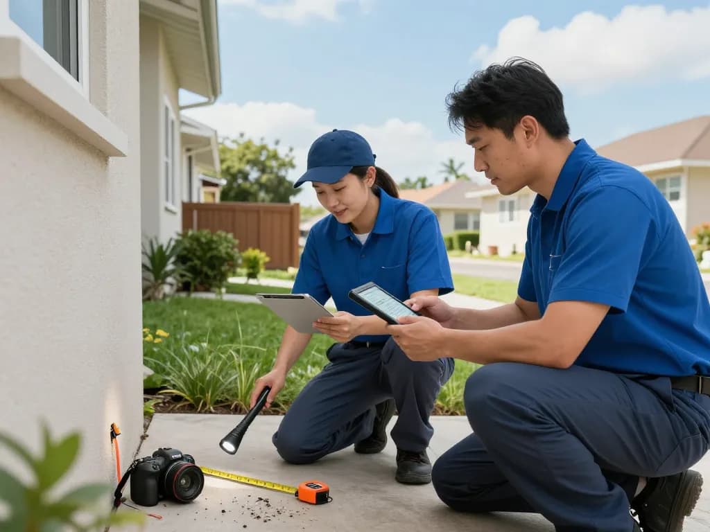 Pest control experts inspecting a residential property for pests and assessing entry points.