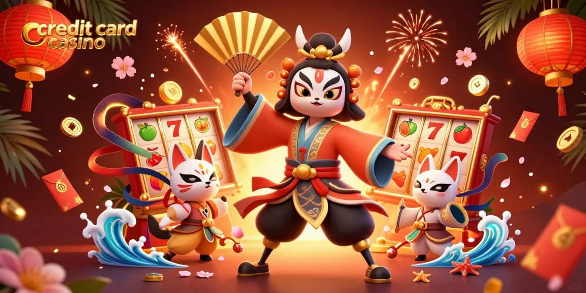 Engage with dynamic elements at a credit card casino with slots and festive decorations.